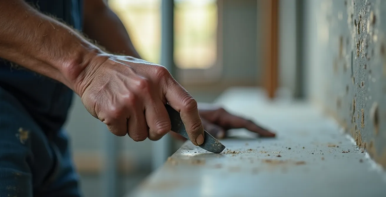 Artisan réalisant des finitions précises depuis une plateforme d'échafaudage stable