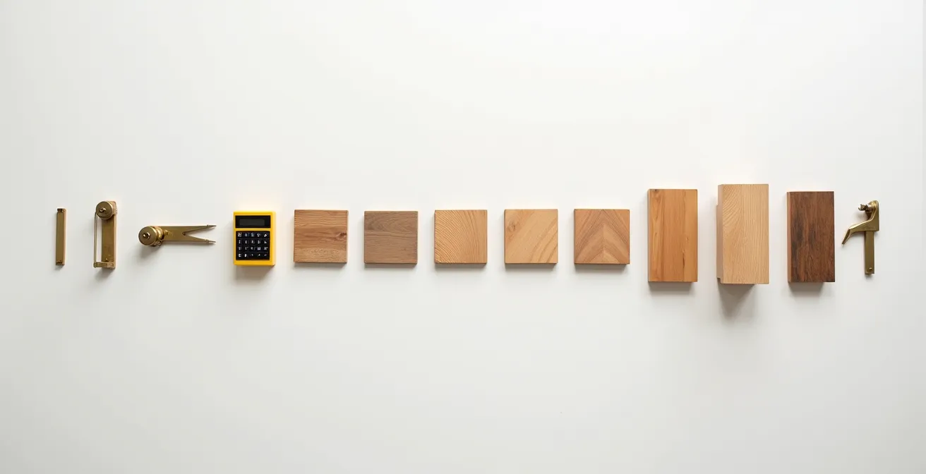 Vue aérienne d'un bureau avec calculatrice et échantillons de bois montrant différents niveaux d'usure