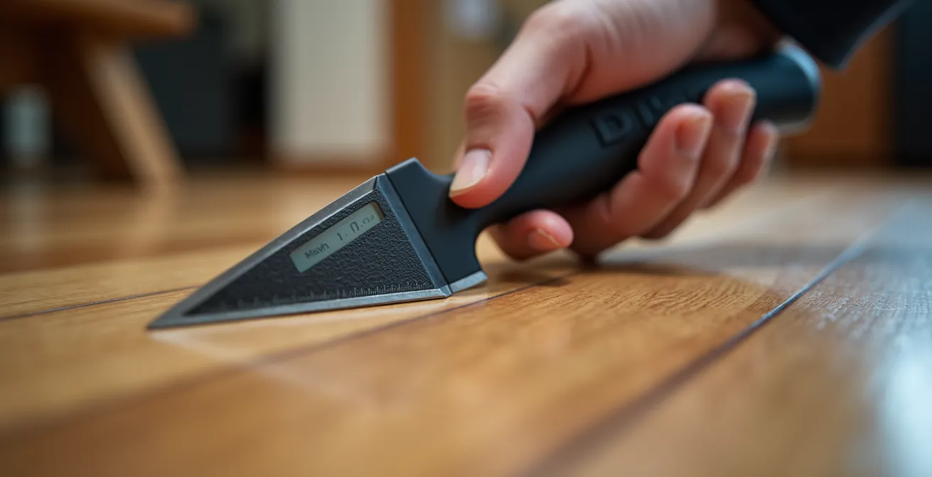 Gros plan sur une main effectuant un test de résonance sur un plancher en bois avec outil de diagnostic