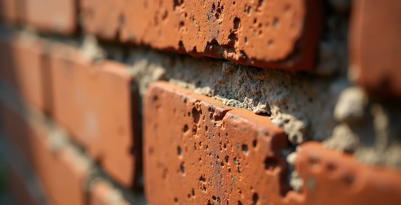 Détail macro d'un mur en brique foraine caractéristique de l'architecture blagnacaise