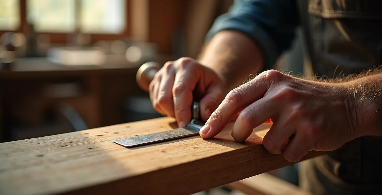 Mains d'artisan travaillant sur une finition de menuiserie traditionnelle