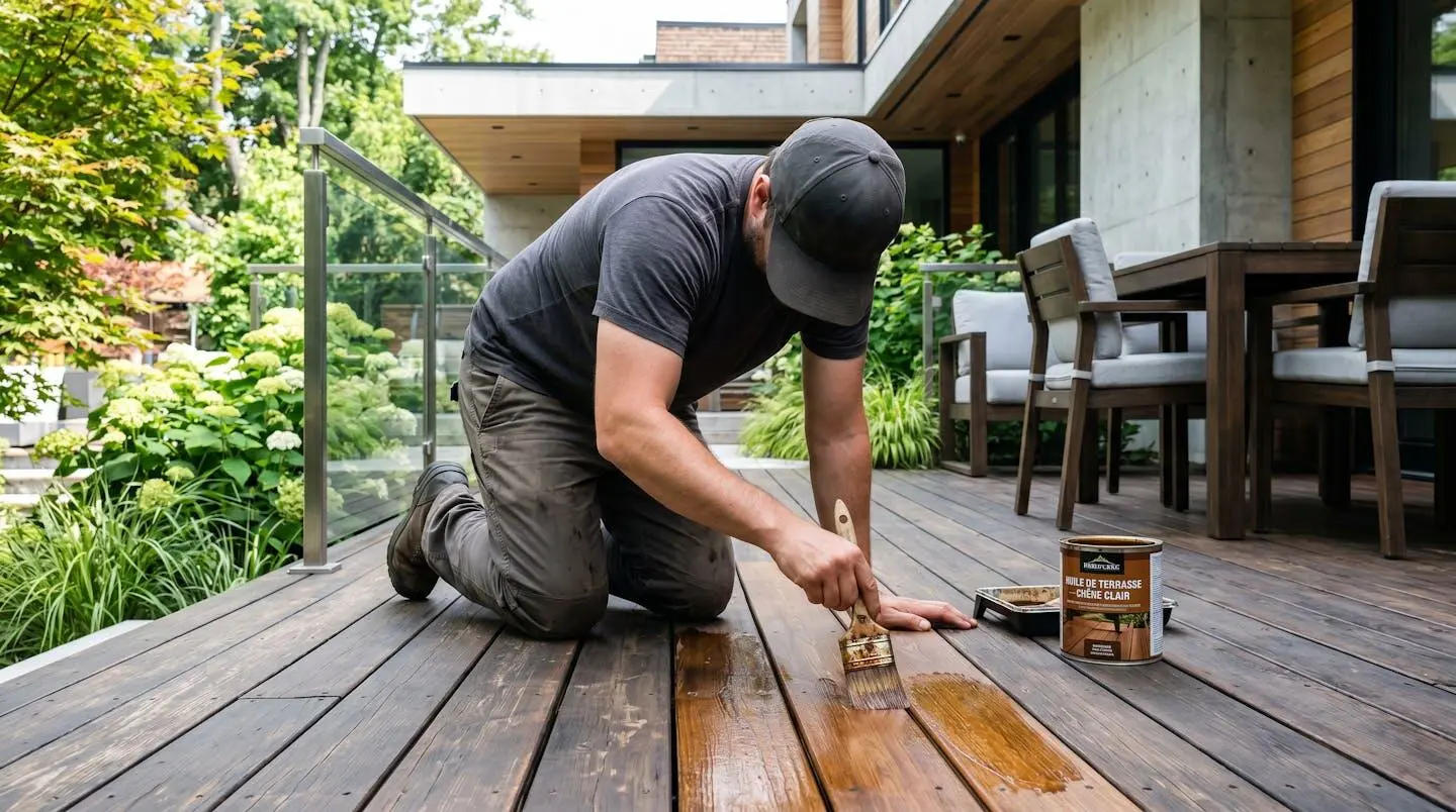 Vue de profil d'une personne appliquant un produit de protection sur des lames de terrasse en bois avec un pinceau large, dans un jardin lumineux