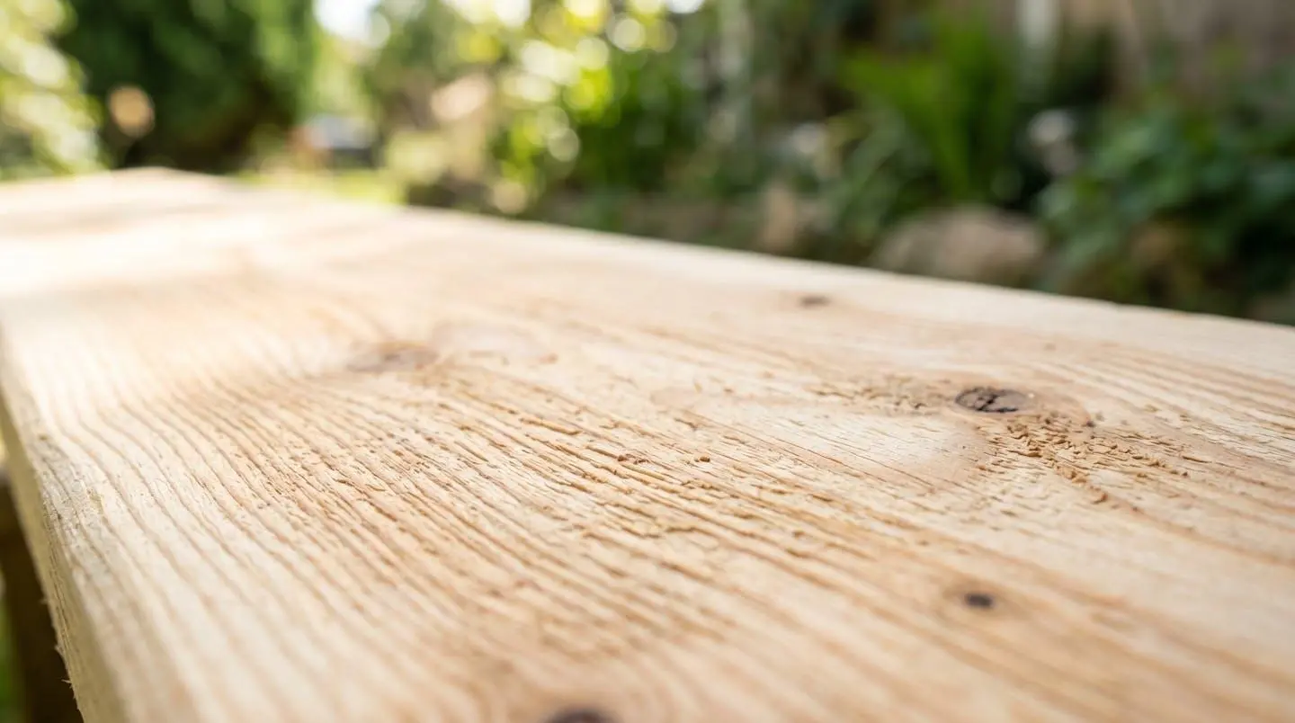 Gros plan sur la texture naturelle du grain d'une lame de terrasse en bois clair, avec un léger flou artistique en arrière-plan