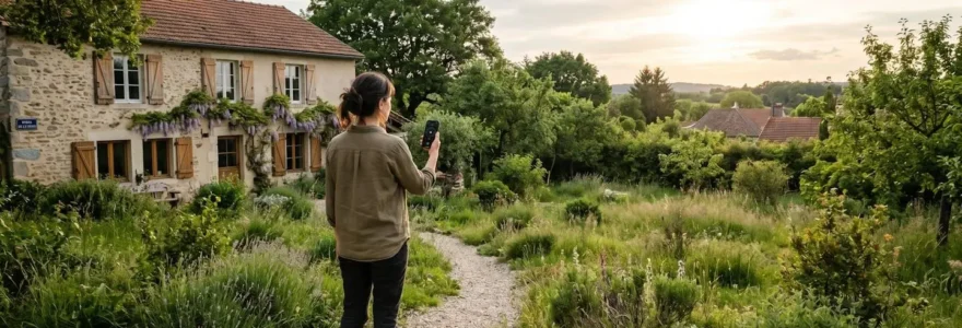 Personne vue de dos observant l'orientation du soleil dans un jardin avec boussole ou application smartphone, avant installation terrasse