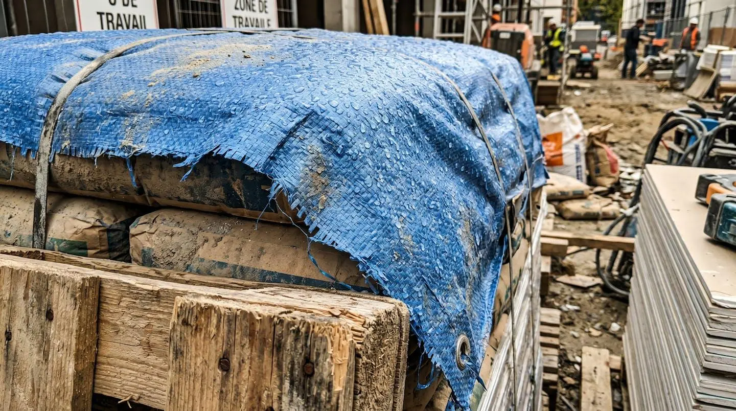 Sacs de ciment protégés par bâche bleue avec gouttes d'eau, posés sur palette en bois