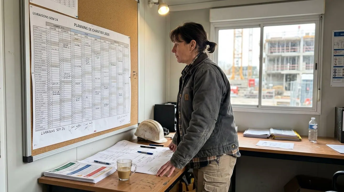 Professionnel du bâtiment consultant un planning de chantier avec annotations de livraisons