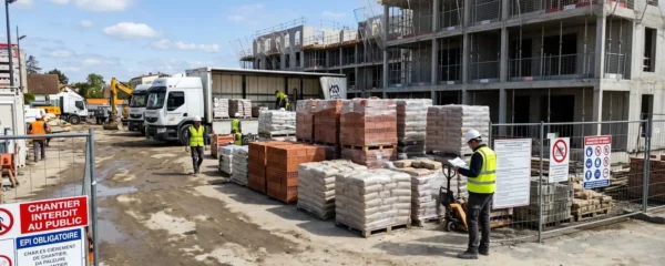 Zone de stockage organisée sur chantier avec palettes de matériaux et camion de livraison en arrière-plan