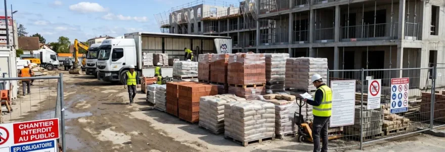Zone de stockage organisée sur chantier avec palettes de matériaux et camion de livraison en arrière-plan