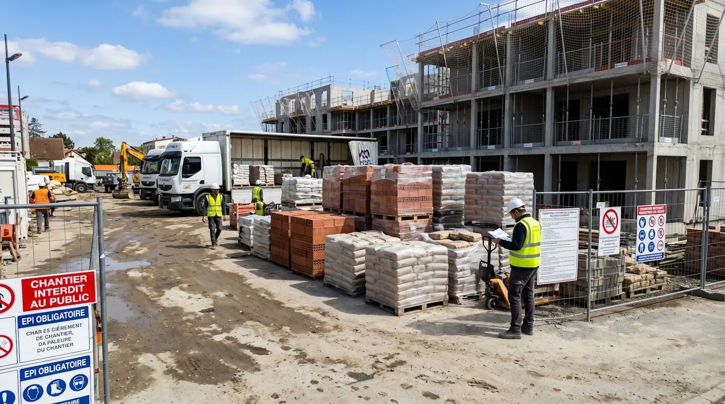 Zone de stockage organisée sur chantier avec palettes de matériaux et camion de livraison en arrière-plan