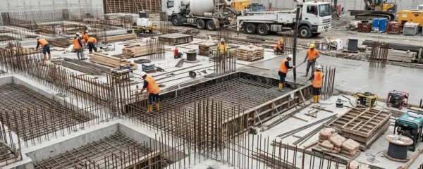 Chantier de construction montrant des fondations en béton armé en cours de réalisation avec des ouvriers en équipement de sécurité