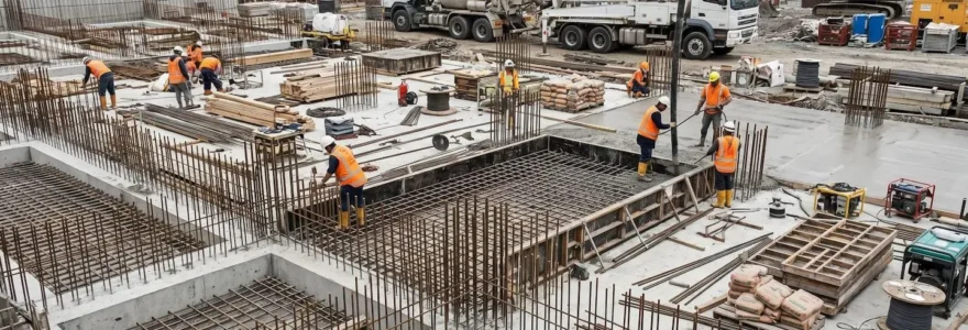 Chantier de construction montrant des fondations en béton armé en cours de réalisation avec des ouvriers en équipement de sécurité