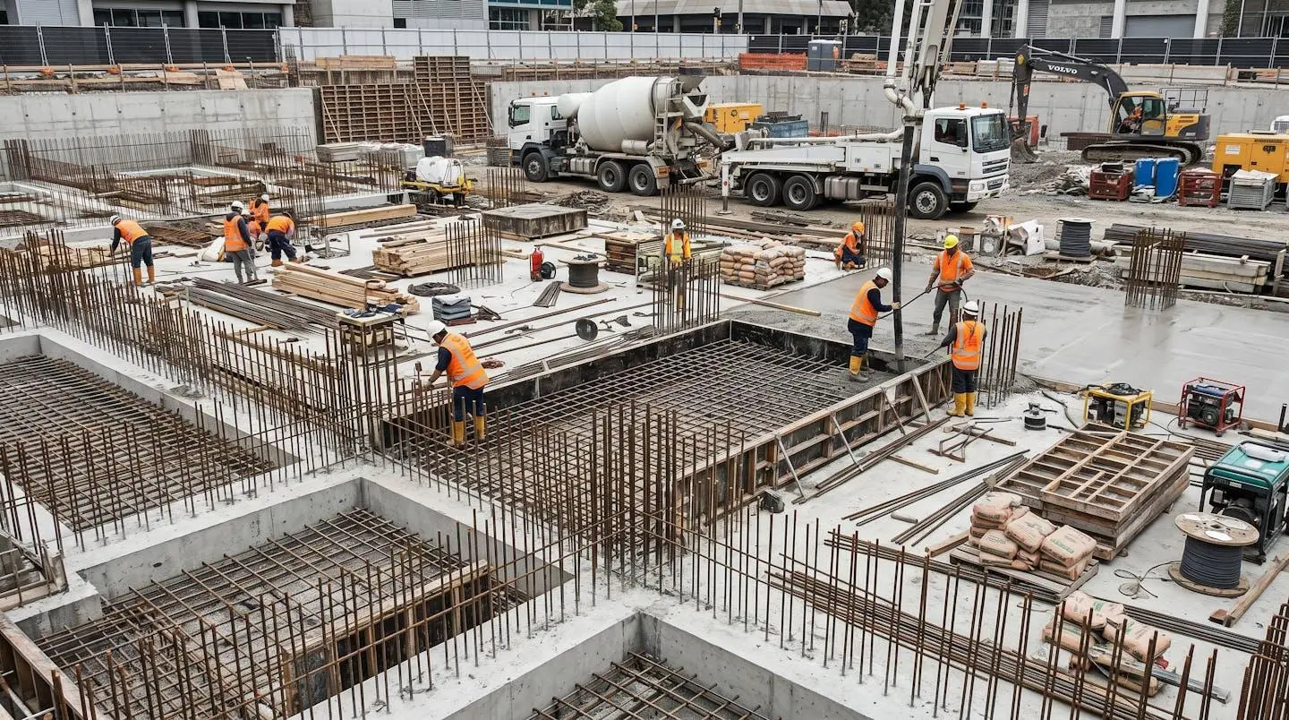 Chantier de construction montrant des fondations en béton armé en cours de réalisation avec des ouvriers en équipement de sécurité