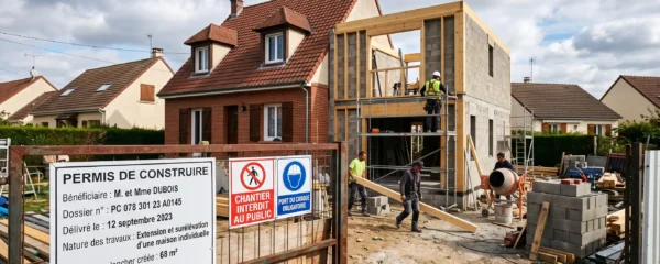 Chantier d'extension de maison individuelle en Île-de-France avec panneau de permis de construire affiché sur clôture, ouvriers en sécurité, structure bois et béton en construction, architecture pavillonnaire typique française en arrière-plan