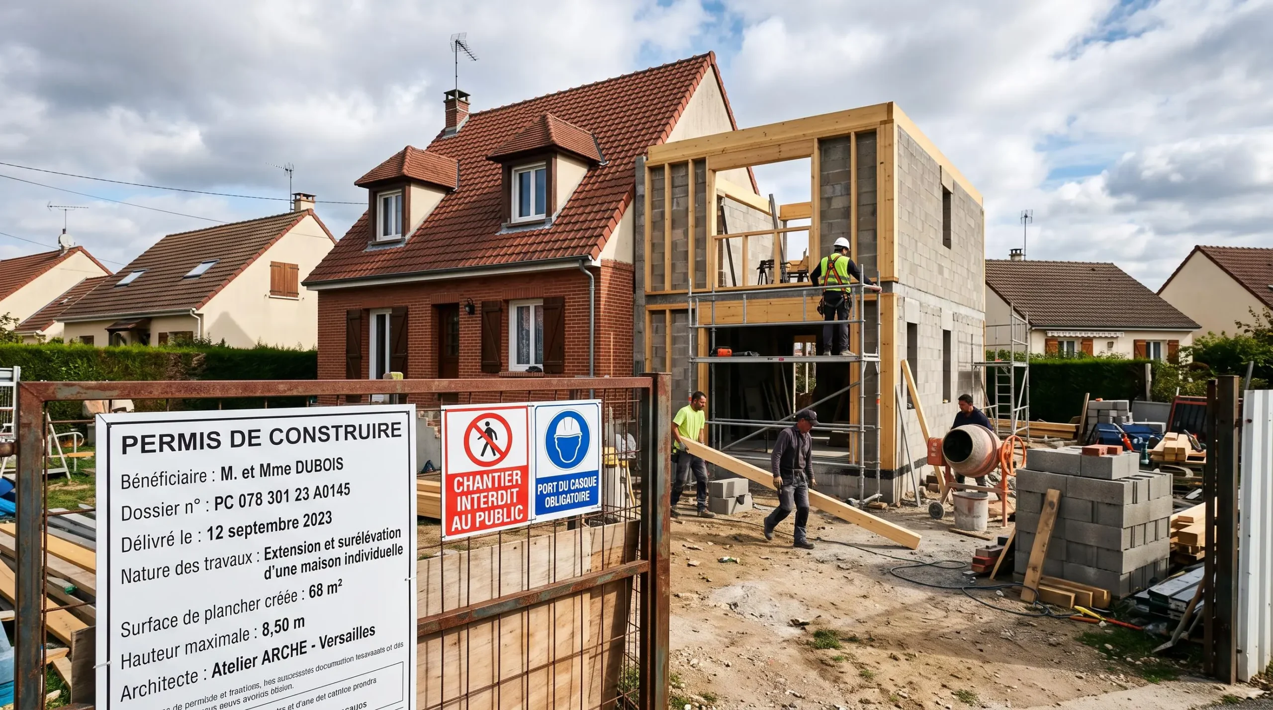 Chantier d'extension de maison individuelle en Île-de-France avec panneau de permis de construire affiché sur clôture, ouvriers en sécurité, structure bois et béton en construction, architecture pavillonnaire typique française en arrière-plan
