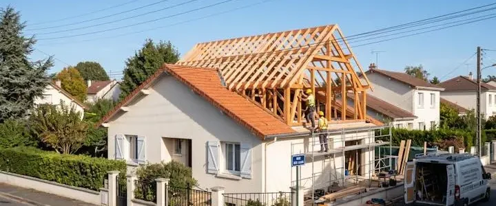 Chantier de surélévation d'une maison ancienne avec ossature bois en cours d'assemblage par un artisan sur le toit existant