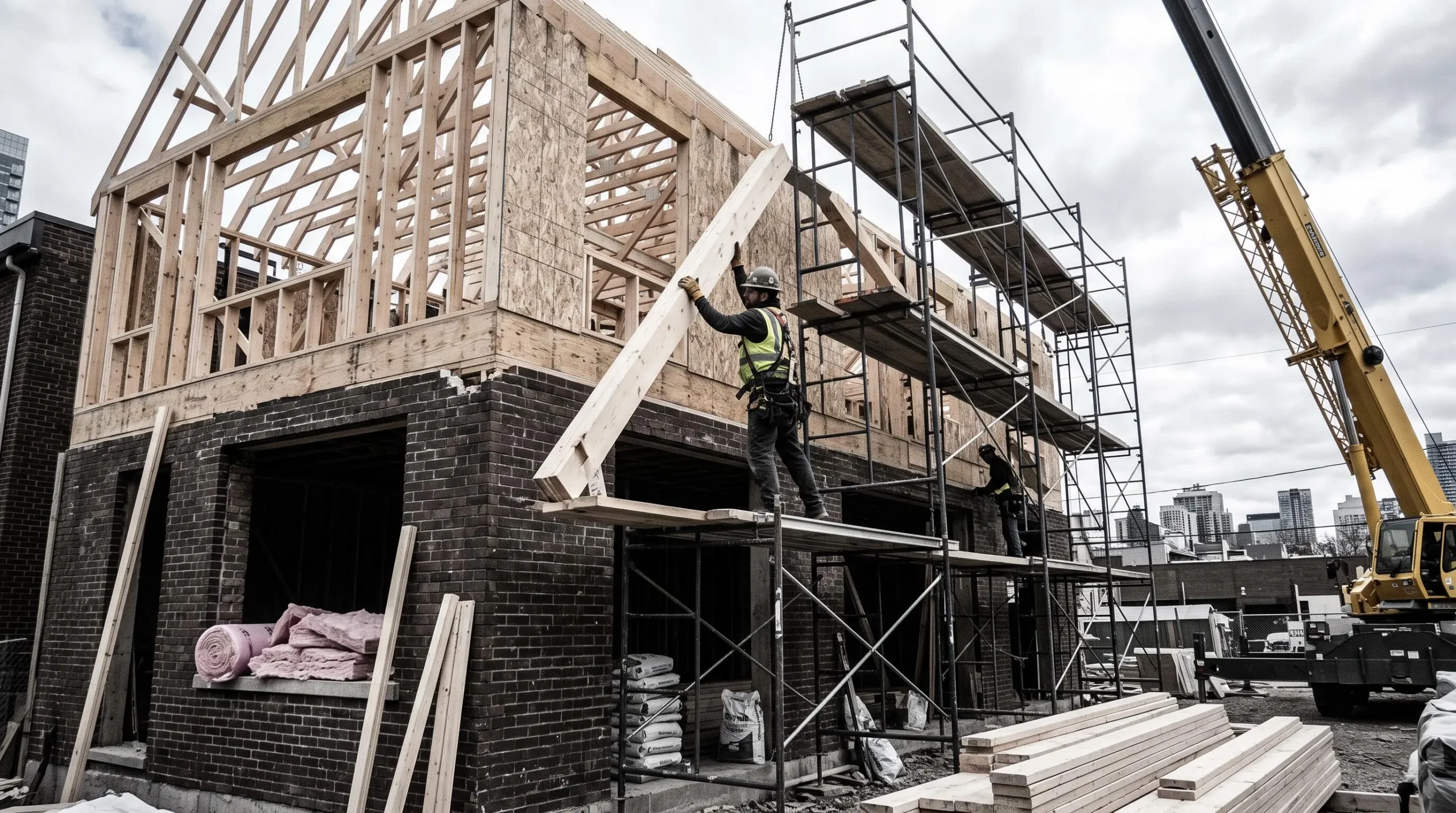 Chantier de surélévation de maison avec ossature bois en cours de montage, charpentier en sécurité sur échafaudage assemblant poutres, structure bois au-dessus du bâti maçonné existant