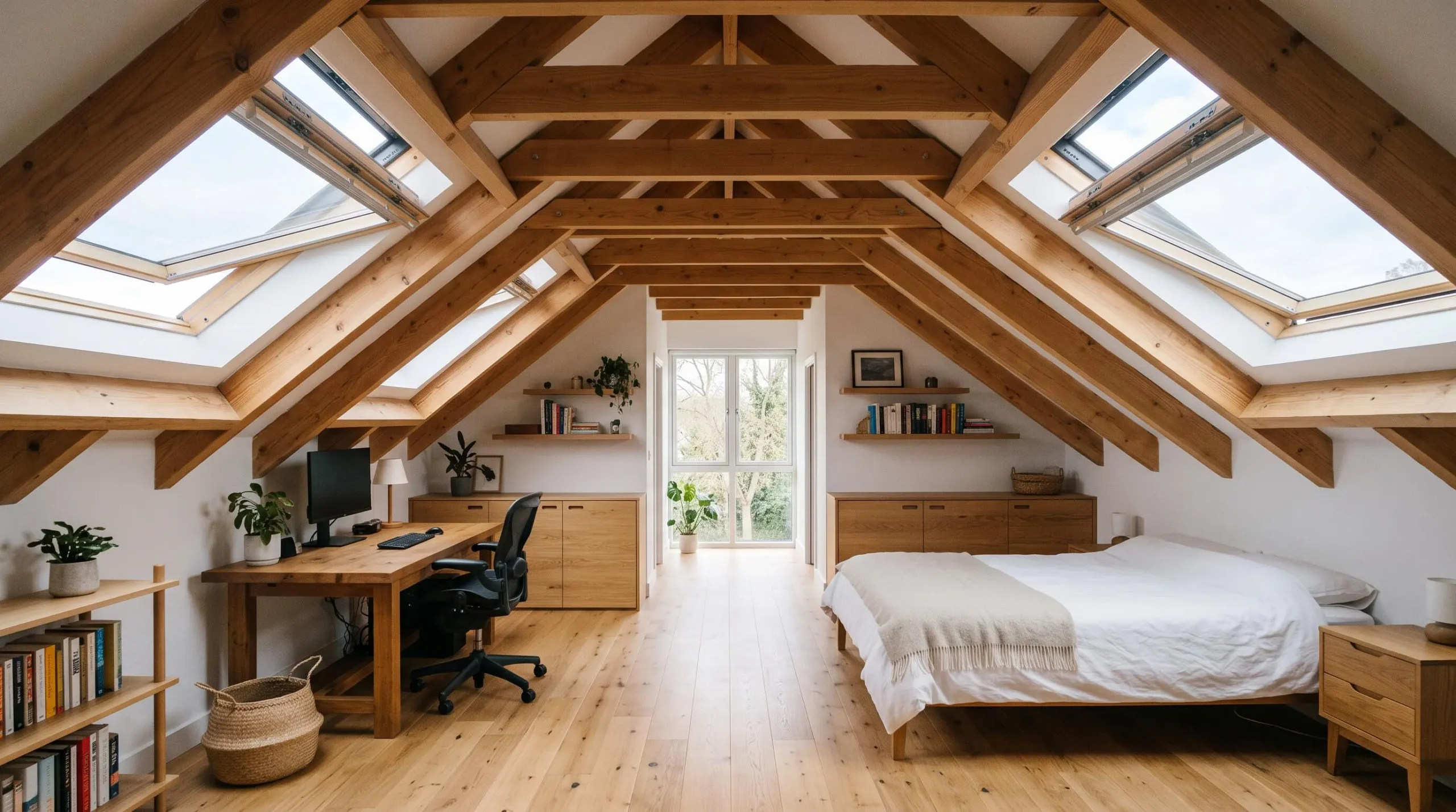 Combles aménagés avec charpente bois apparente, deux fenêtres de toit Velux apportant lumière naturelle, sol parquet clair, rangements sous pente, espace bureau lumineux