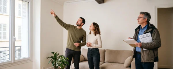 Couple inspectant attentivement murs et plafond d'une maison ancienne bien entretenue, accompagné d'un professionnel immobilier consultant dossier, lors d'une visite pré-achat