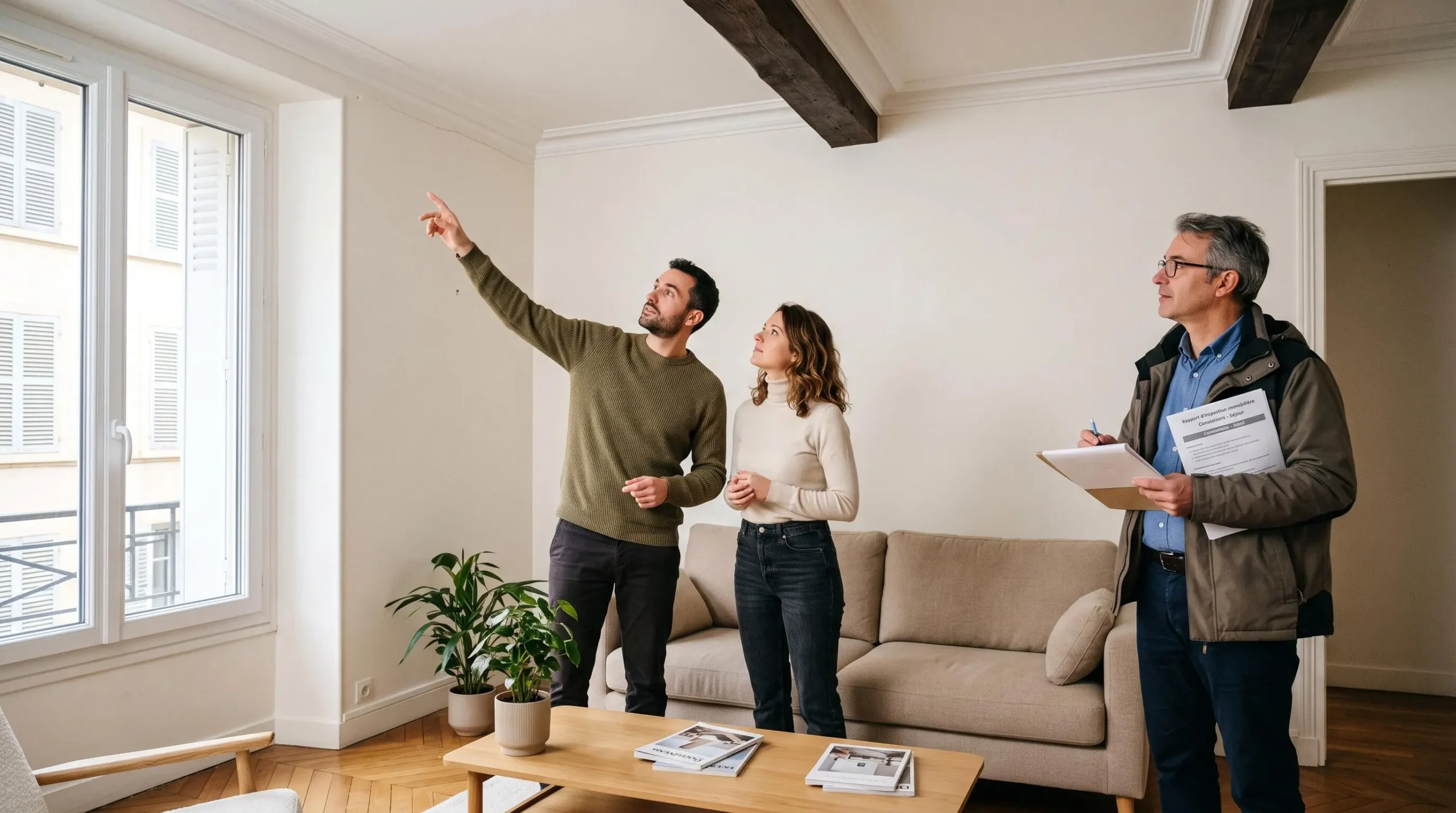 Couple inspectant attentivement murs et plafond d'une maison ancienne bien entretenue, accompagné d'un professionnel immobilier consultant dossier, lors d'une visite pré-achat