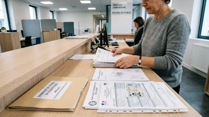 Dossier de demande de permis de construire et documents PLU sur comptoir d'accueil de mairie française