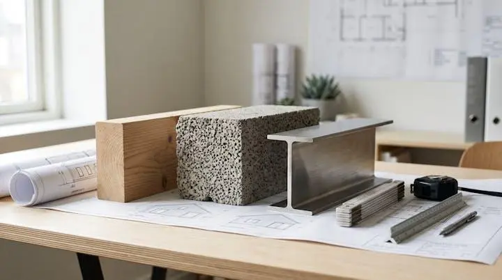 Échantillons de matériaux pour surélévation disposés sur bureau d'architecte avec plans techniques
