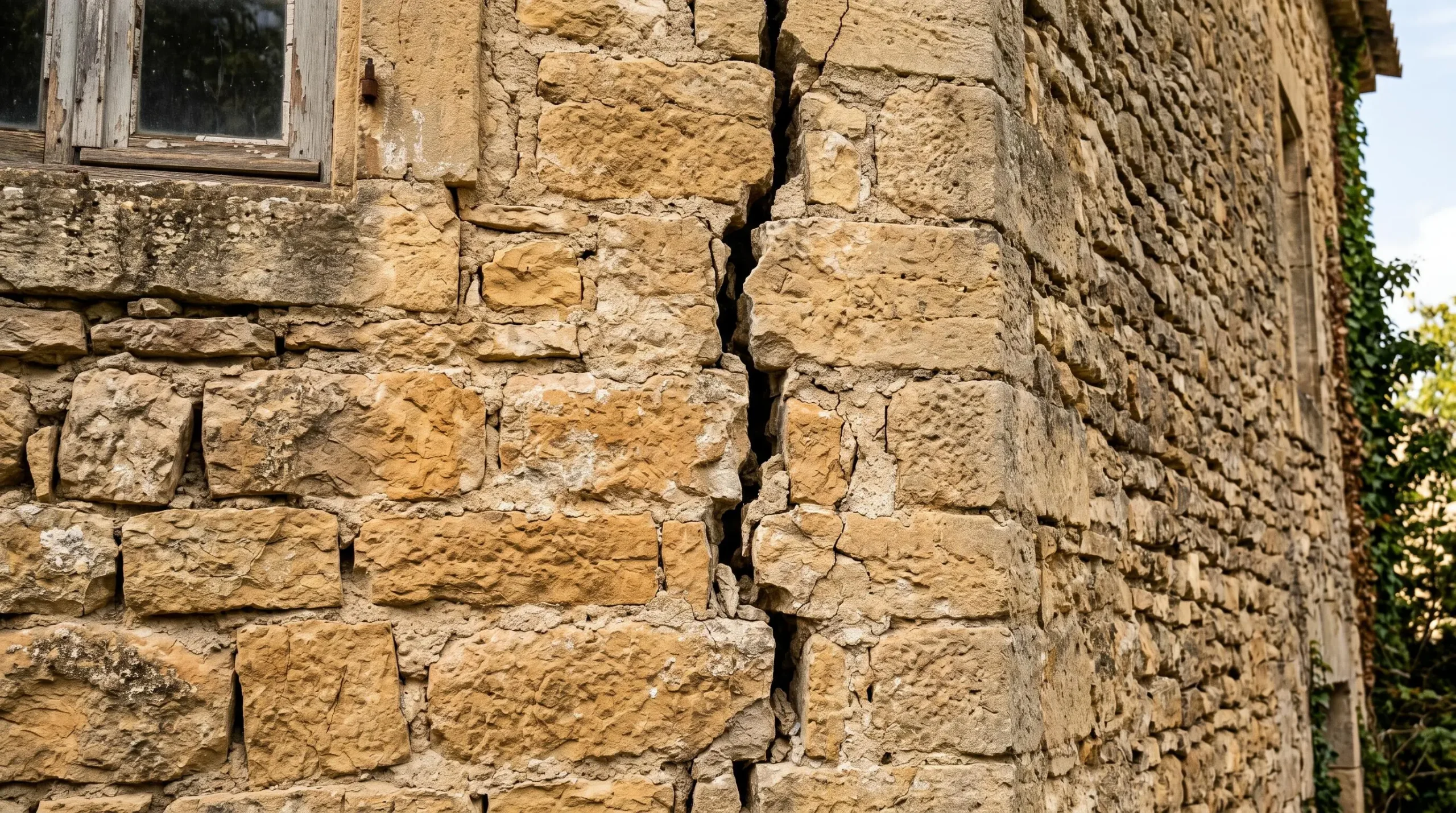 Fissure structurelle visible sur un mur en pierre d'un mas provençal révélant des défauts de construction