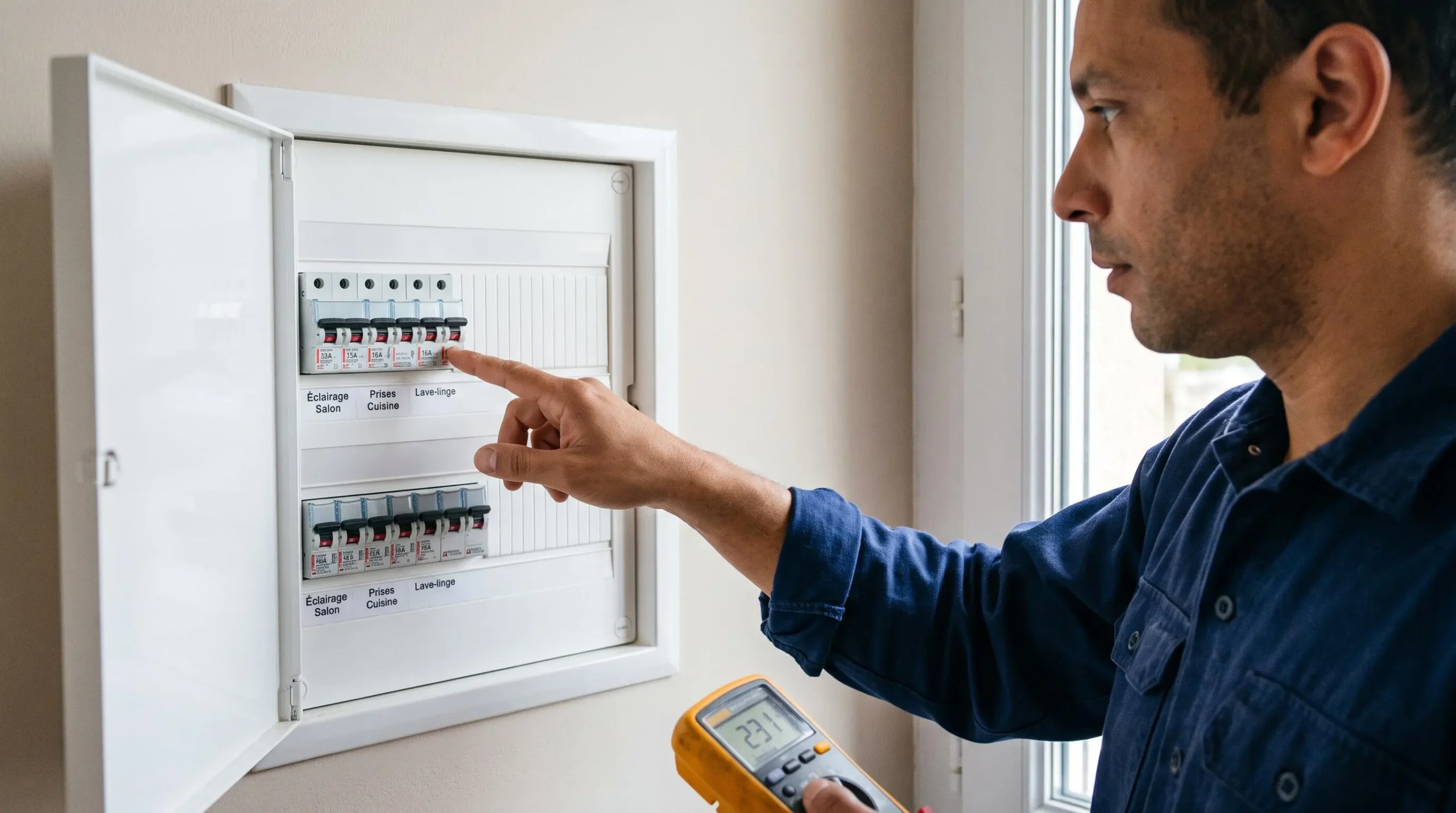 Gros plan sur diagnostiqueur inspectant tableau électrique ouvert et vérifiant conformité disjoncteurs différentiels lors d'un diagnostic pré-achat immobilier