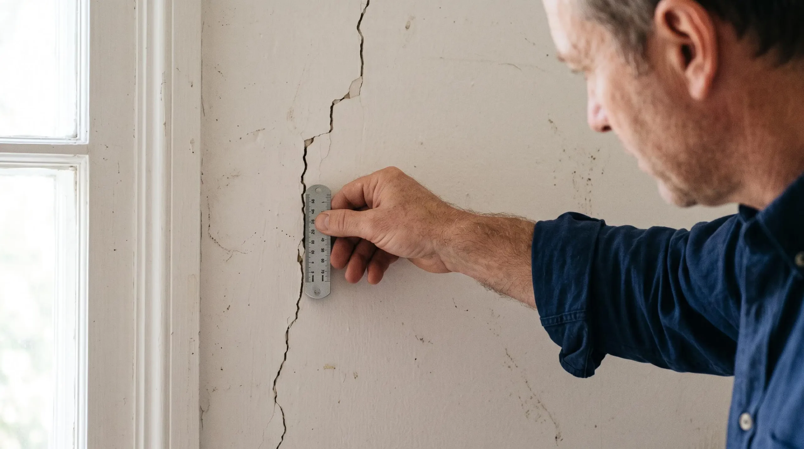 Gros plan sur main de diagnostiqueur mesurant précisément largeur d'une fissure murale avec fissuromètre lors d'inspection technique pré-achat