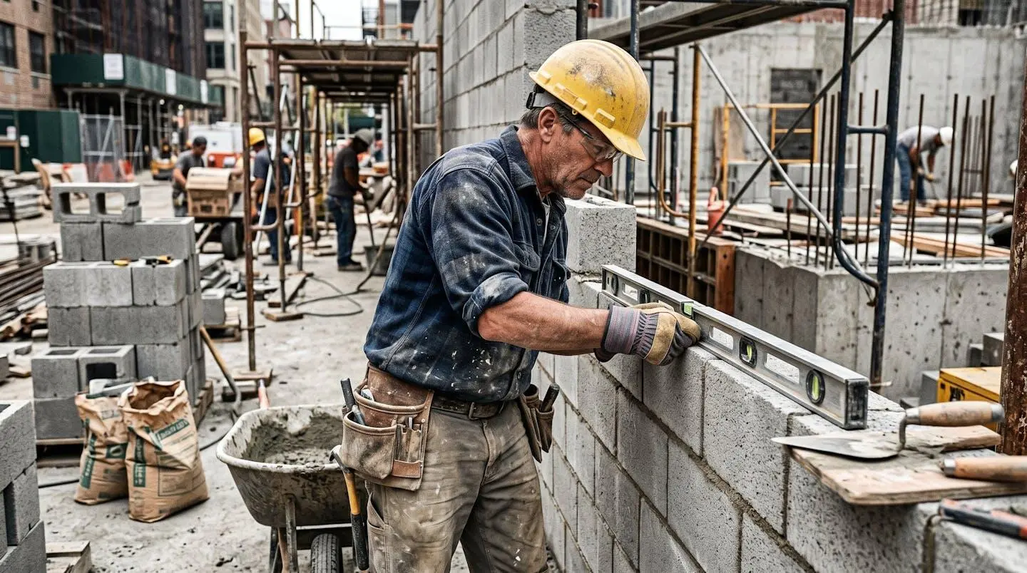Maçon professionnel vérifiant l'alignement d'un mur avec un niveau à bulle sur un chantier de construction