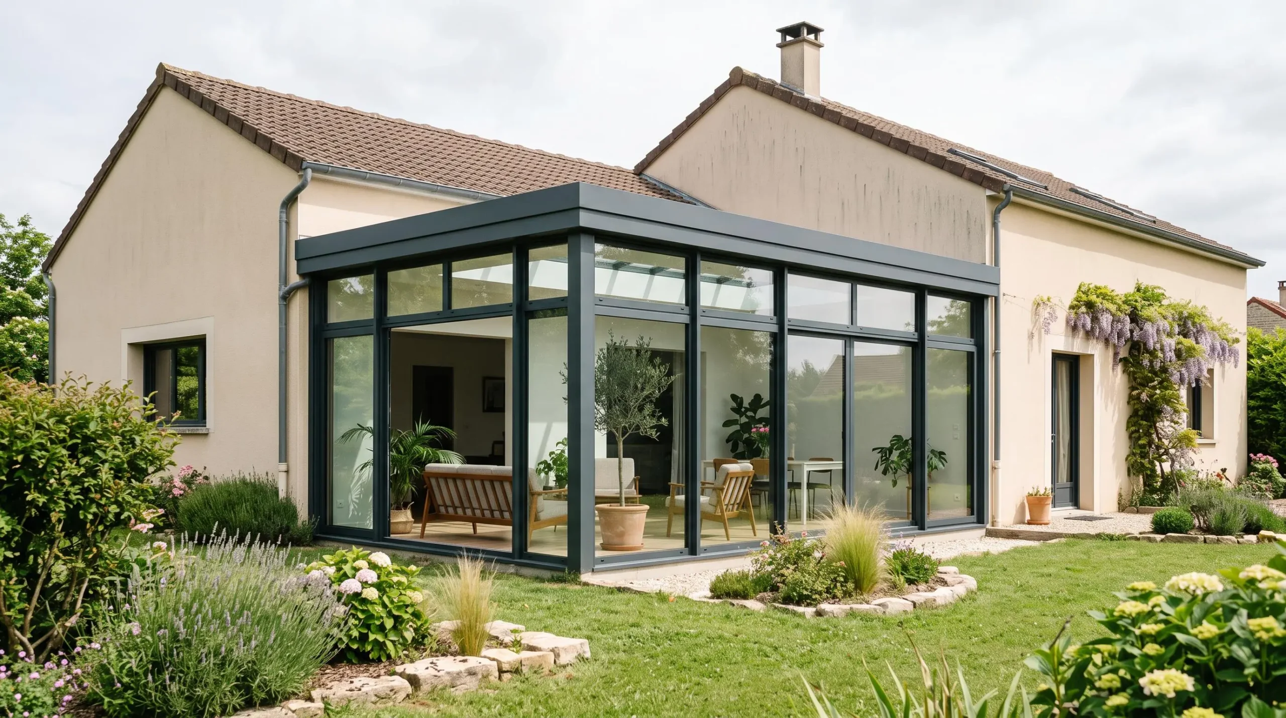Véranda contemporaine vitrée à structure aluminium anthracite accolée en extension d'une maison individuelle moderne, vue extérieure depuis jardin, intérieur lumineux visible à travers baies vitrées